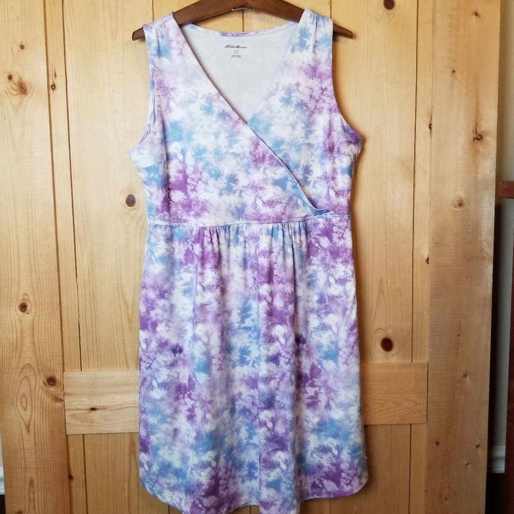 Eddie Bauer Purple Tie Dye Boho Pocketed V-Neck Sleeveless Dress